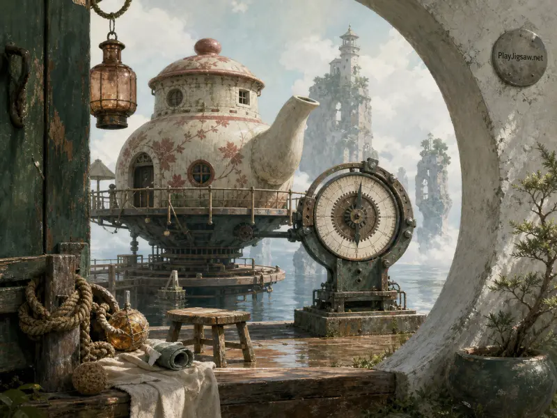 A giant floral teapot house on stilts above water, framed by a round stone archway and antique brass gauges.