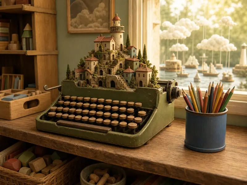 A miniature coastal town with a lighthouse perched atop an antique green typewriter beside a cup of colored pencils.