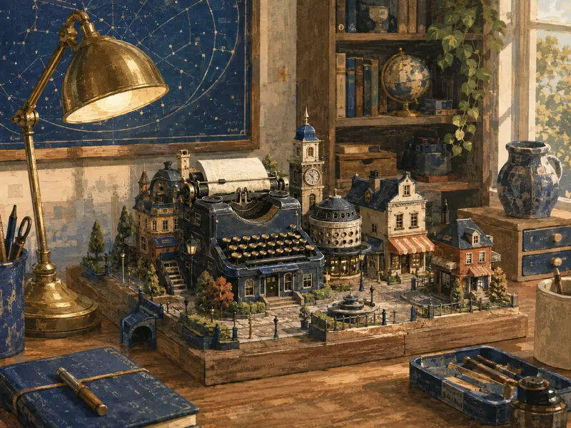 A miniature architectural town built around a dark blue vintage typewriter on a study desk beside a glowing brass lamp.