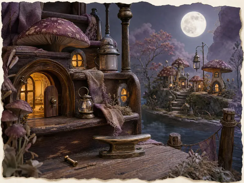 A miniature harbor village of tiny mushroom-roofed houses nestled along wooden docks beneath a full glowing moon.