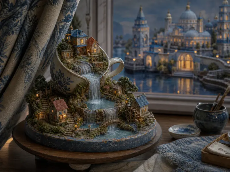 Miniature village crafted around a porcelain teacup with waterfalls and a watermill in front of a distant palace window.