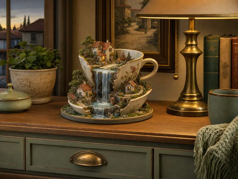 A miniature village with a waterfall crafted inside cracked porcelain teacups sits on a wooden desk beside a lamp.