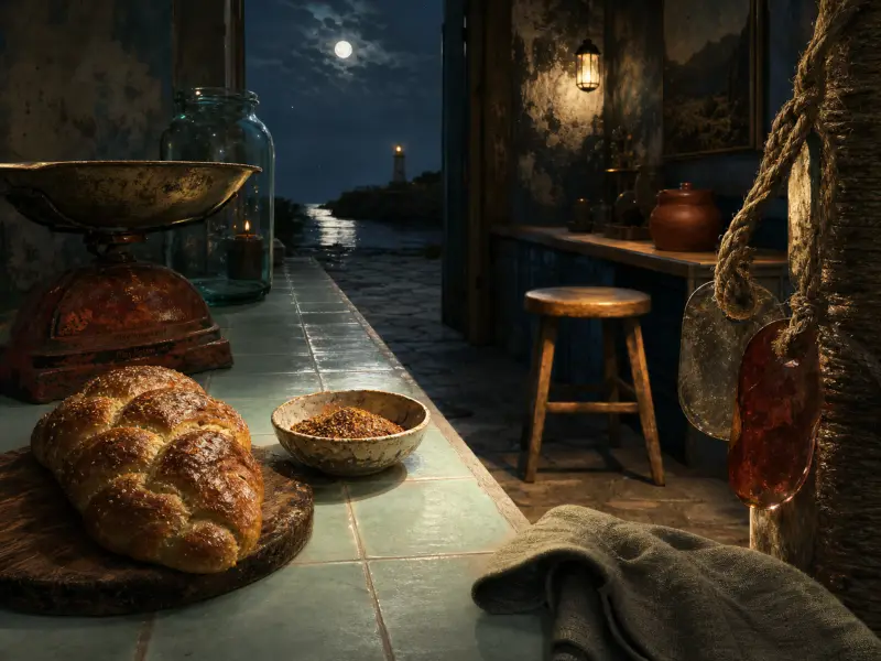 A braided loaf of bread on a counter beside an open doorway overlooking a moonlit sea and distant lighthouse.