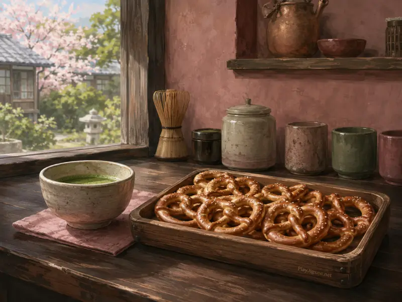 Fresh salted pretzels in a wooden tray beside a bowl of matcha tea overlooking a blooming Japanese garden.