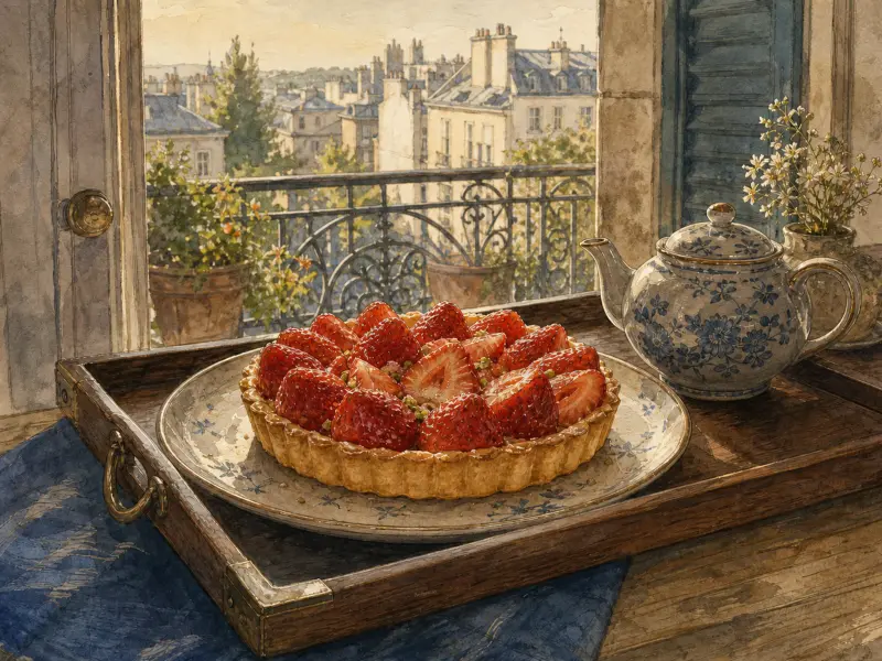 A fresh strawberry tart and a blue floral teapot sit on a wooden tray by an open balcony window overlooking city rooftops.