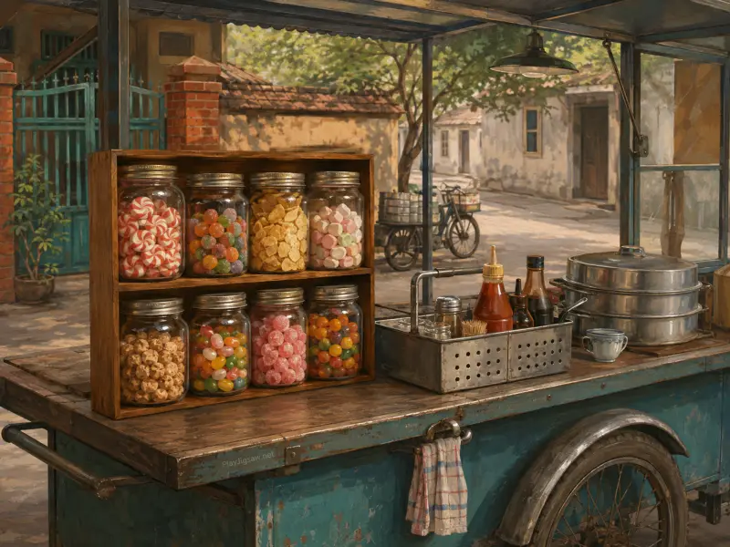 Glass jars filled with assorted candies sit on a rustic blue street vendor cart along an old sunlit street.