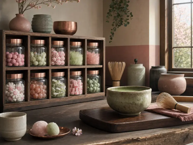 Matcha tea in a ceramic bowl with bamboo whisks, mochi sweets, and glass jars of pastel candies on a wooden shelf.