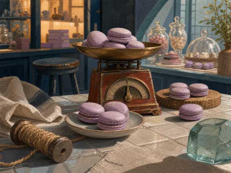 Purple macarons piled on a vintage kitchen scale and scattered on a tiled bakery counter.