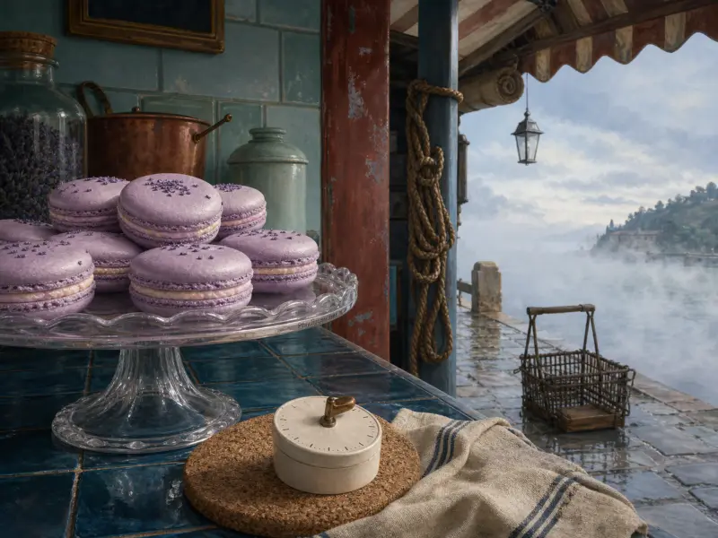 Purple macarons stacked on a glass stand atop a blue tiled counter overlooking a misty waterfront dock.