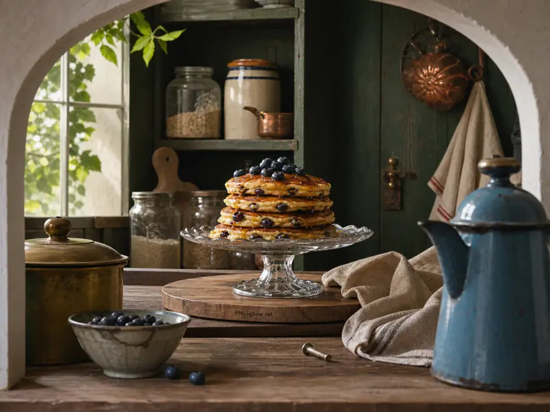 Stack of syrup-drizzled blueberry pancakes on a glass stand in a rustic kitchen framed by an archway.
