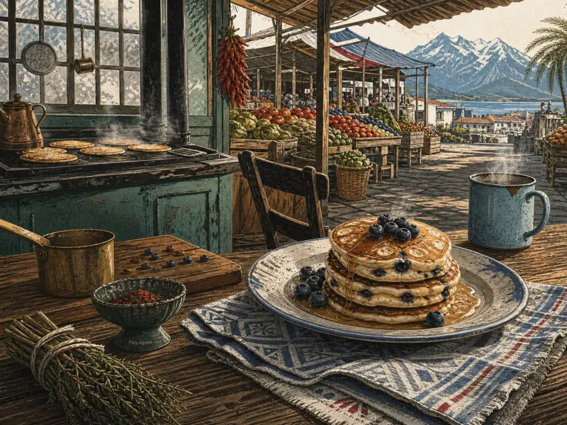 A stack of blueberry pancakes with syrup on a rustic table overlooking a busy outdoor market and mountains.
