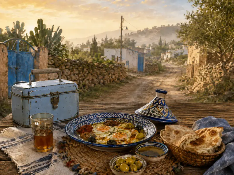 Breakfast spread with fried eggs, olives, flatbread, and tea on a rustic table overlooking a quiet village lane.