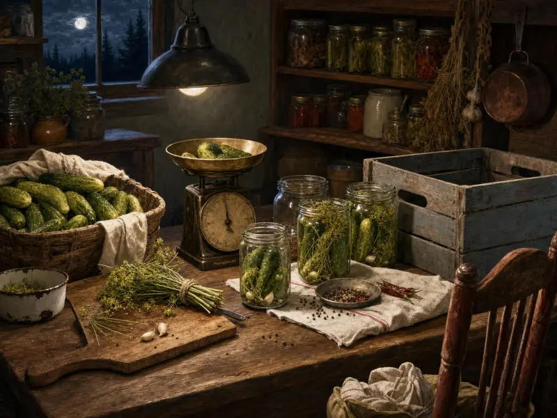 Fresh cucumbers, dill, and glass pickling jars arranged on a rustic wooden table beneath a warm hanging lamp.