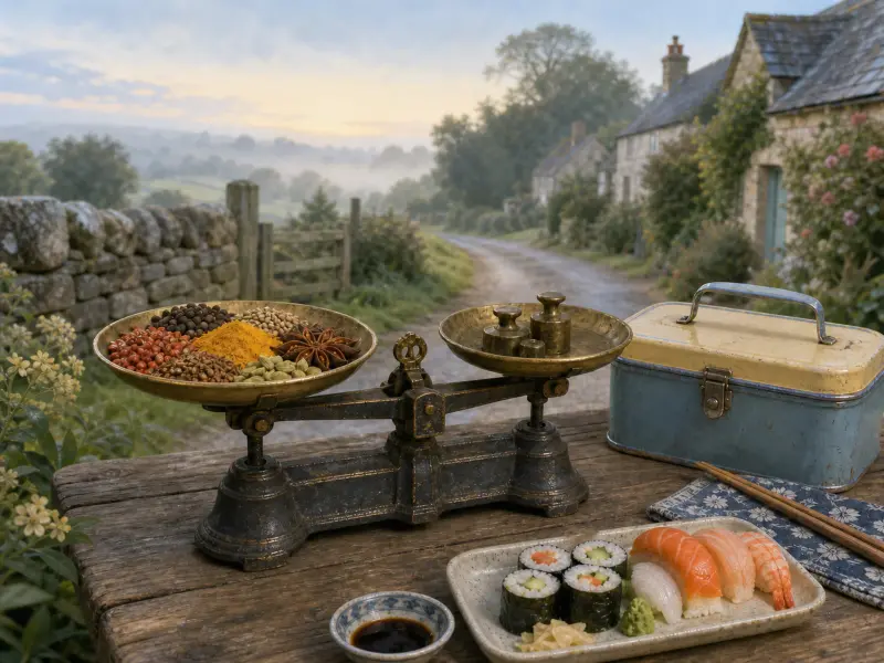 A vintage balance scale with spices and weights beside a sushi platter on an outdoor table overlooking a village lane.