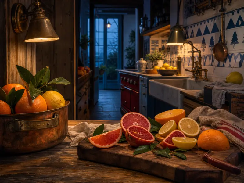 Sliced oranges, grapefruits, and lemons on a wooden cutting board in a warm, rustic kitchen at twilight.
