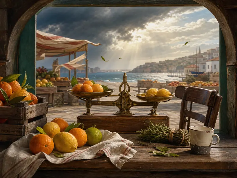 A brass balance scale and fresh citrus fruit on a wooden table overlooking an outdoor harbor market and the sea.