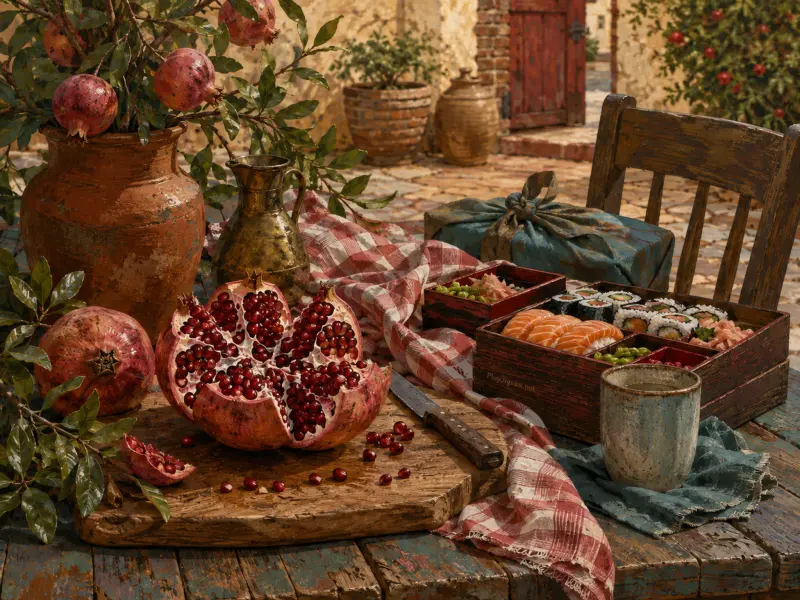 A split ripe pomegranate and a bento box of sushi arranged on a rustic outdoor table in a sunlit courtyard.