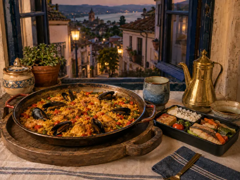 A pan of seafood paella, a bento box, and a brass pitcher sit on a windowsill overlooking an illuminated coastal town.