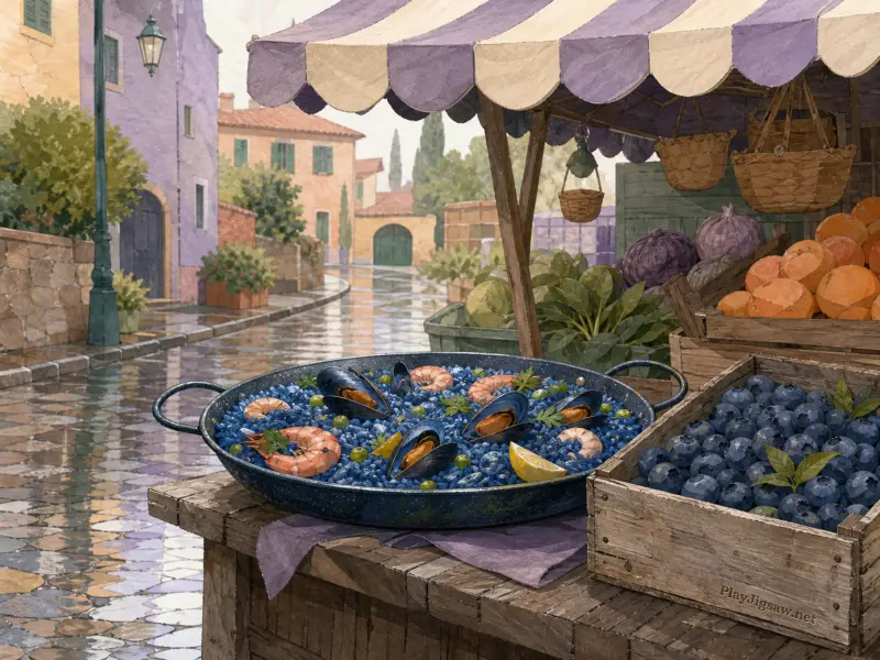 A pan of seafood paella with blue rice sits on a wooden market stall beside crates of fruit along a wet village street.