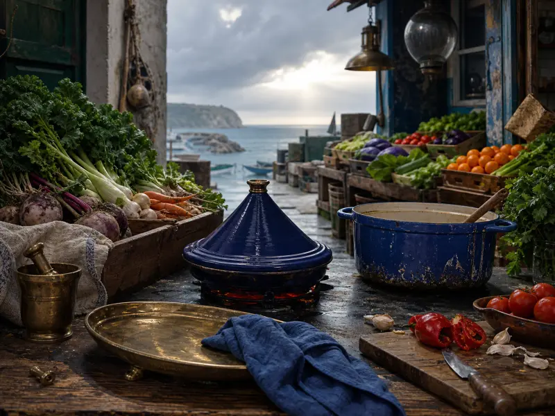A glossy blue tagine and enamel pot sit on a wooden table beside fresh produce overlooking a coastal harbor.