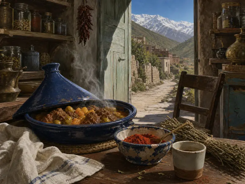 A steaming blue ceramic tagine sits on a wooden table beside an open doorway overlooking a mountain village.
