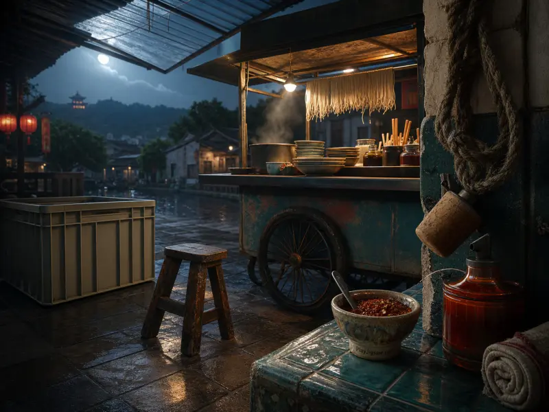 A steaming noodle cart lit by a single hanging bulb on a wet stone street beneath a full moon.