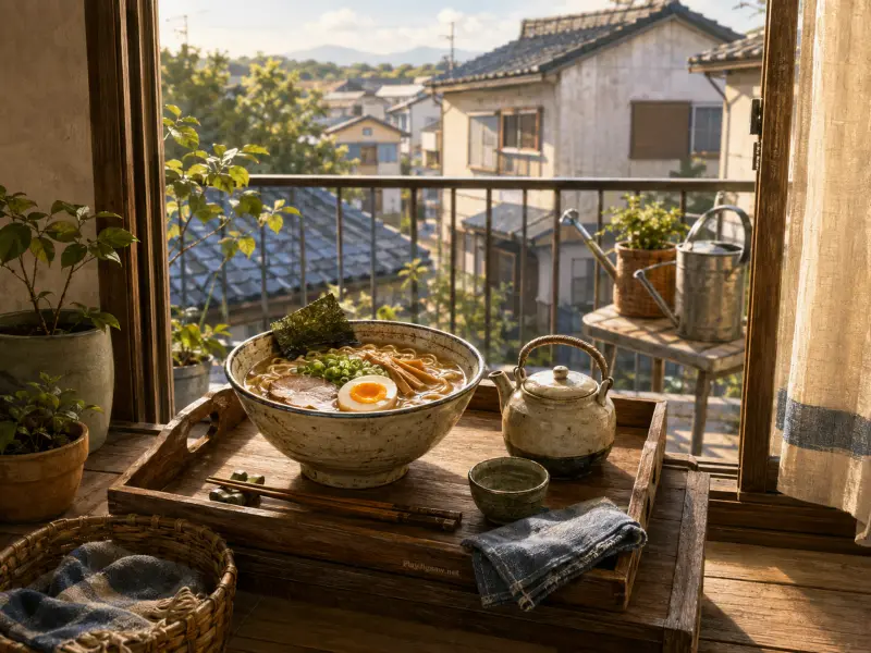 A bowl of ramen, teapot, and teacup on a wooden tray by an open balcony window overlooking a town.