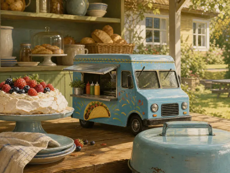 A miniature light blue taco truck model sits on a wooden table beside a berry meringue cake and a garden backdrop.