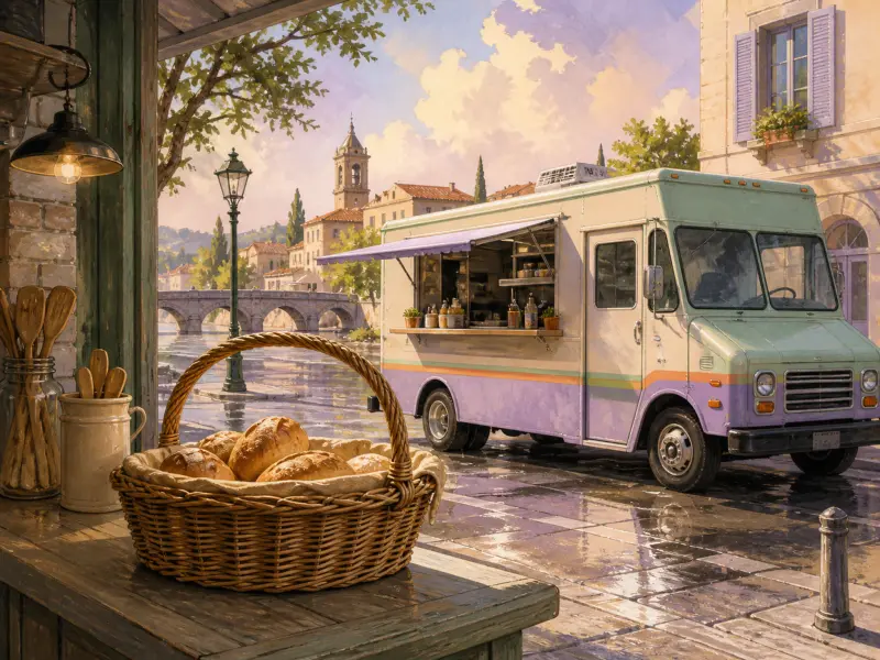 A pastel food truck parked along a sunlit riverside plaza beside a basket of fresh bread rolls.