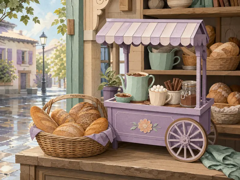 A miniature lavender beverage cart beside a woven basket of crusty bread loaves near a bakery window overlooking a street.