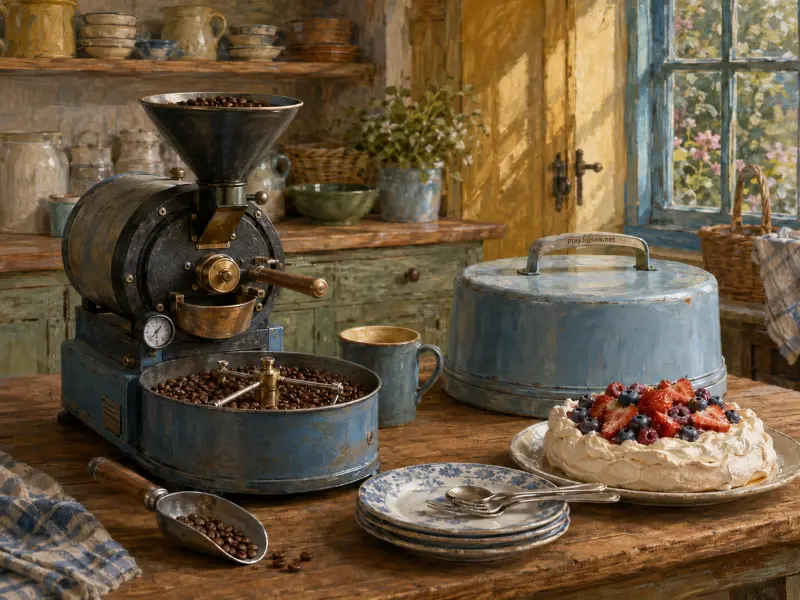 A vintage blue coffee roaster and a fresh berry pavlova sit on a rustic wooden table in a country kitchen.