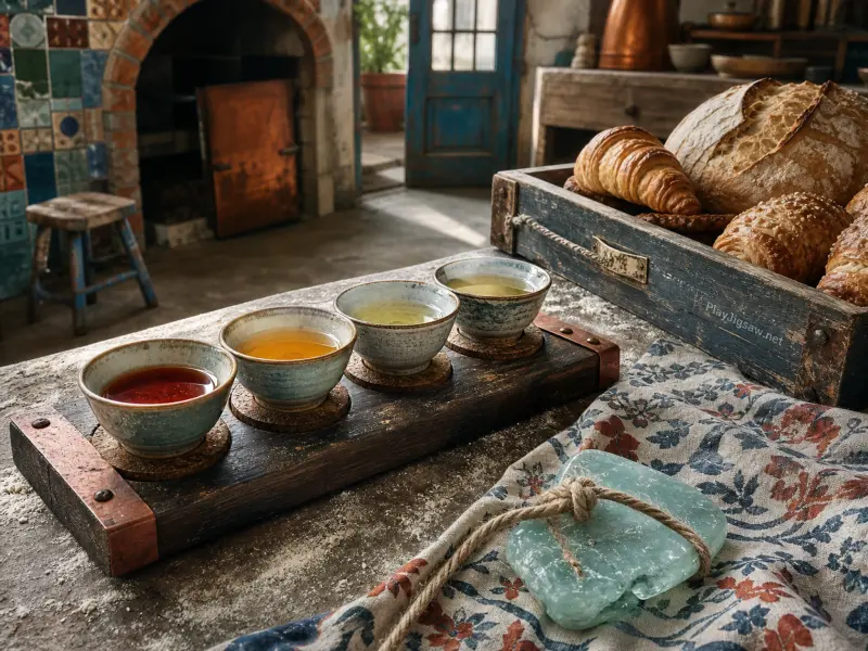 Four bowls of tea on a wooden board beside a crate of croissants and bread in a rustic bakery.