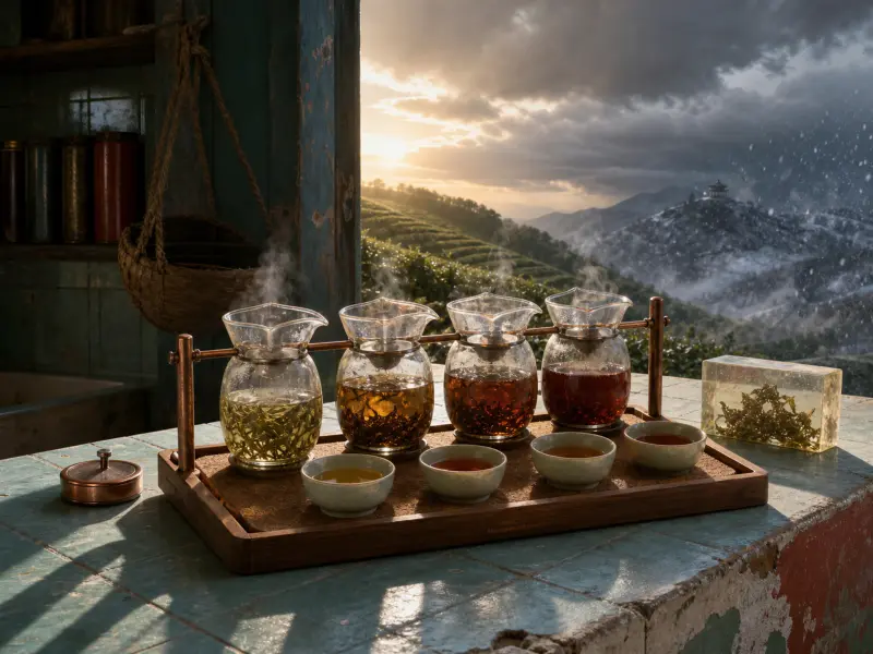 Four glass tea carafes and small ceramic cups arranged on a wooden tray overlooking mountain tea plantations.