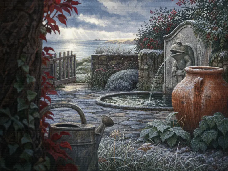 Stone frog fountain spouts water on a frost-covered coastal terrace with a terracotta urn and sea view.