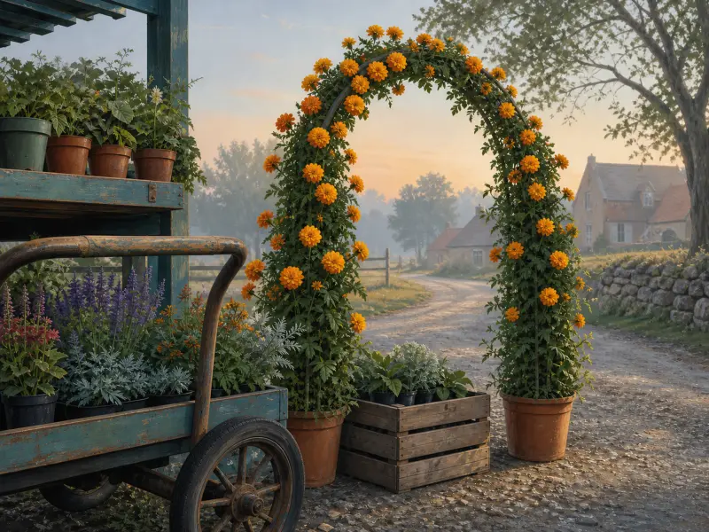 A marigold archway stands beside a wooden flower cart on a country lane leading to distant village cottages.