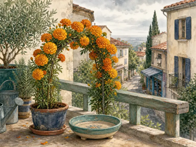 An arch of blooming orange marigolds on a balcony overlooking a cobblestone village street.