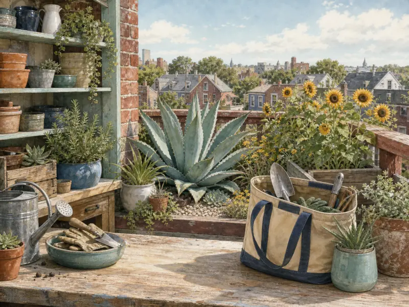A wooden rooftop potting bench with gardening tools, potted plants, a large agave, and blooming sunflowers above a town.