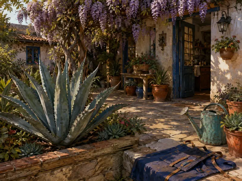 Sunlit stone patio with a large blue agave, hanging purple wisteria, terracotta pots, and a vintage watering can.