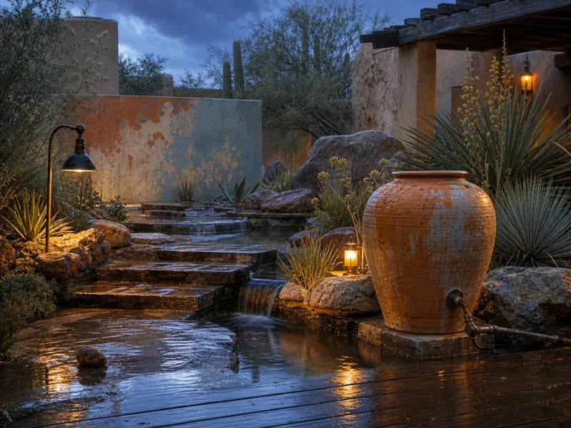 Illuminated desert courtyard at dusk with a tiered stone water feature, terracotta urn, and desert plants.