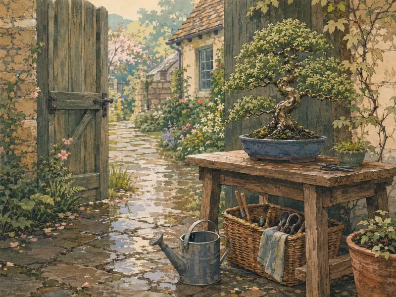 A bonsai tree on a wooden workbench beside a watering can and an open garden gate leading to a cottage path.