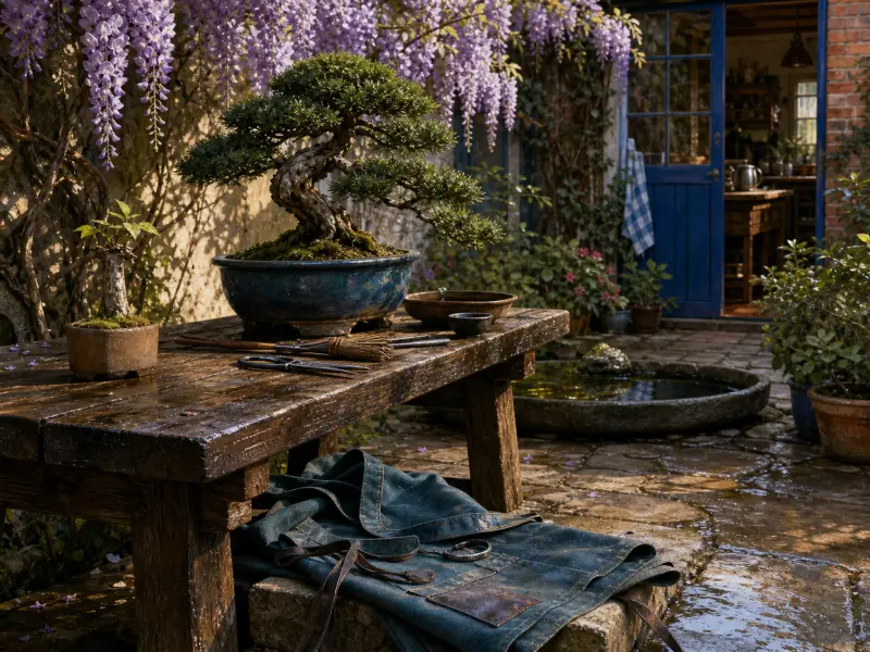Bonsai tree and pruning shears on a wet wooden garden bench beneath cascading purple wisteria blooms.