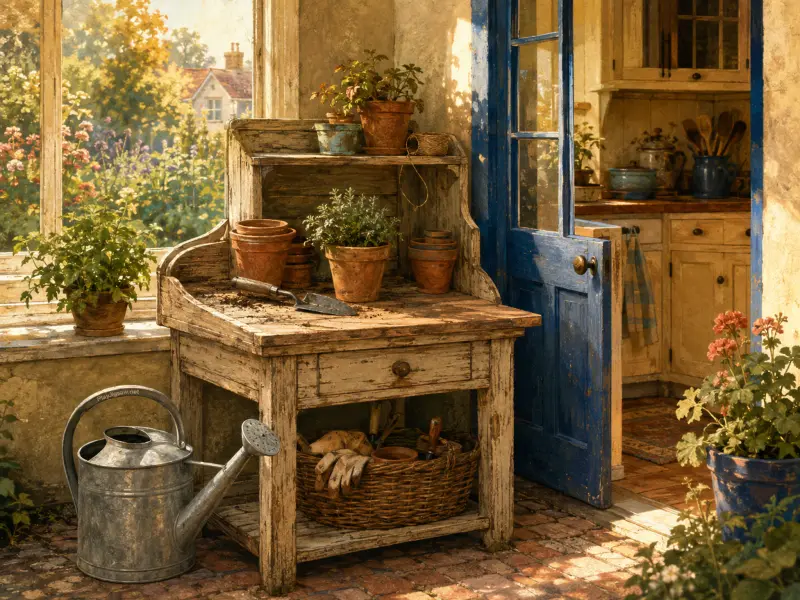 A weathered wooden potting bench with terracotta pots sits beside an open blue door and a sunny garden window.