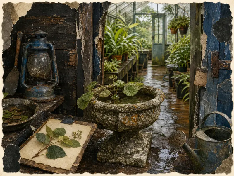 A weathered wooden workbench with an antique lantern, stone urn, and watering can looking into a rainy greenhouse.