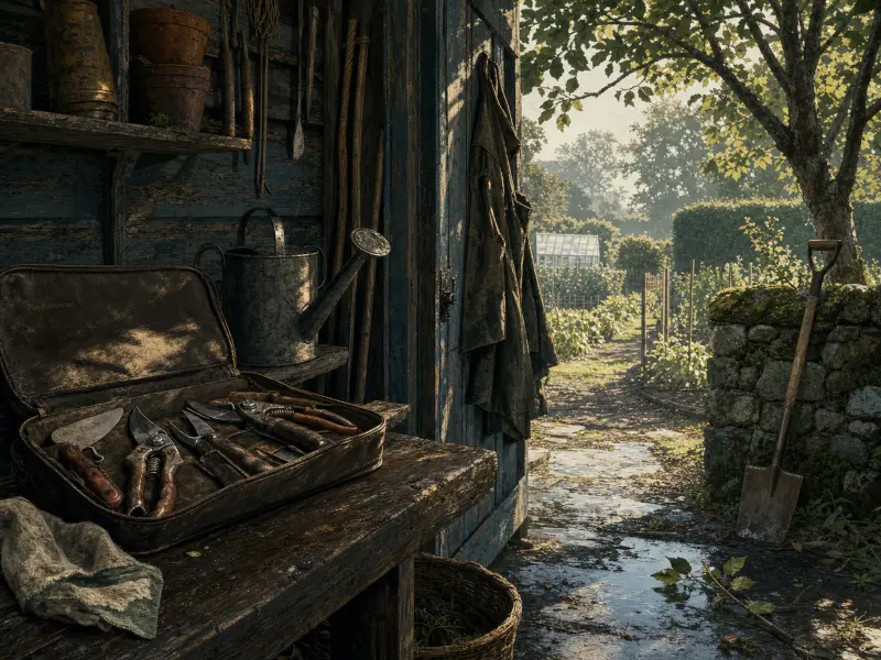 A garden shed workbench filled with pruning tools overlooks a sunny path leading to vegetable beds.