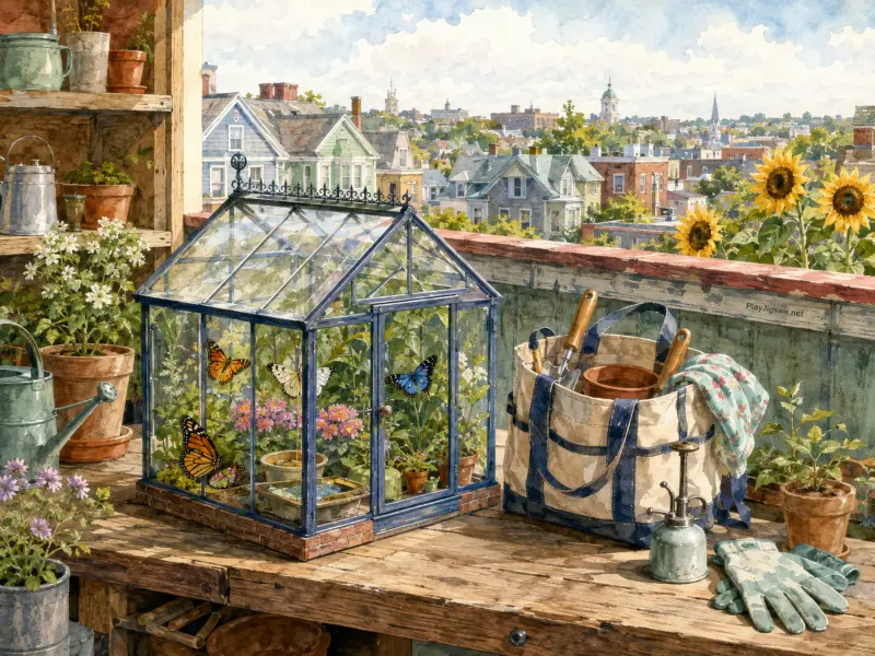 Miniature glass greenhouse filled with butterflies on a wooden rooftop bench beside garden tools and blooming sunflowers.