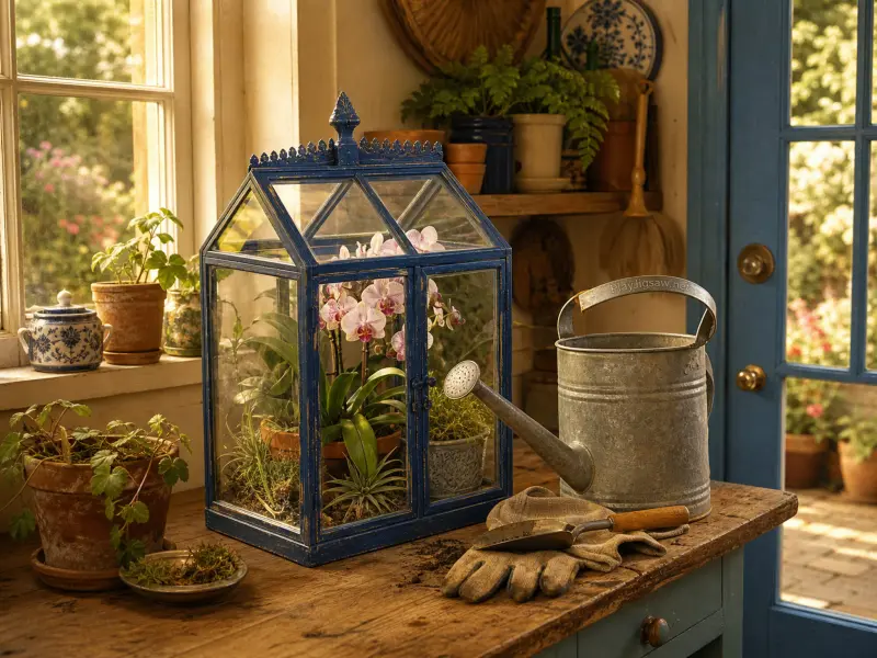 A vintage blue tabletop terrarium filled with orchids sits on a wooden potting bench next to a zinc watering can.