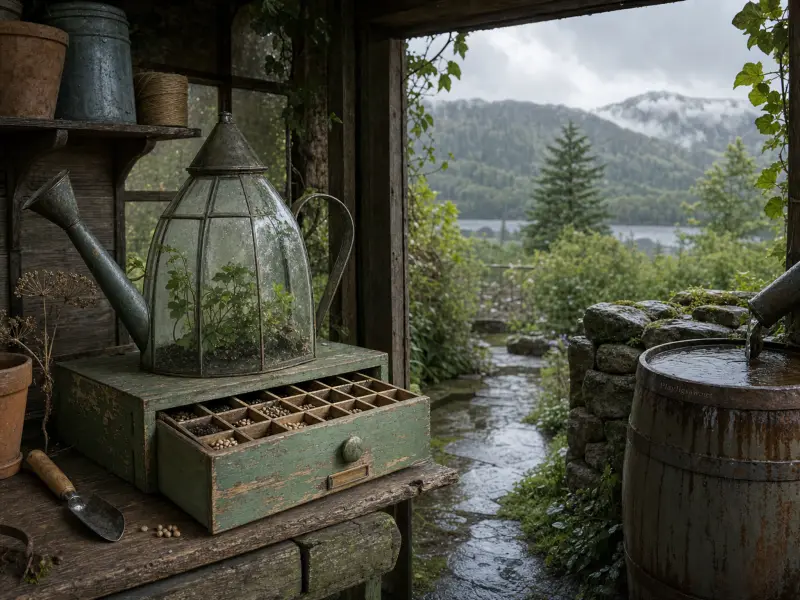 A glass watering can terrarium and seed drawer inside a rustic shed looking out at a rainy mountain landscape.