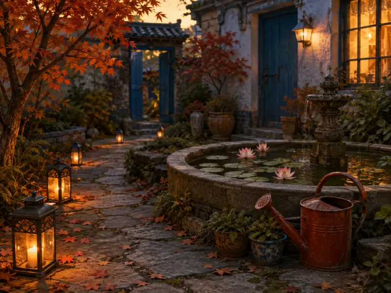 A stone courtyard pond with pink water lilies, glowing candle lanterns, and autumn leaves along a pathway.