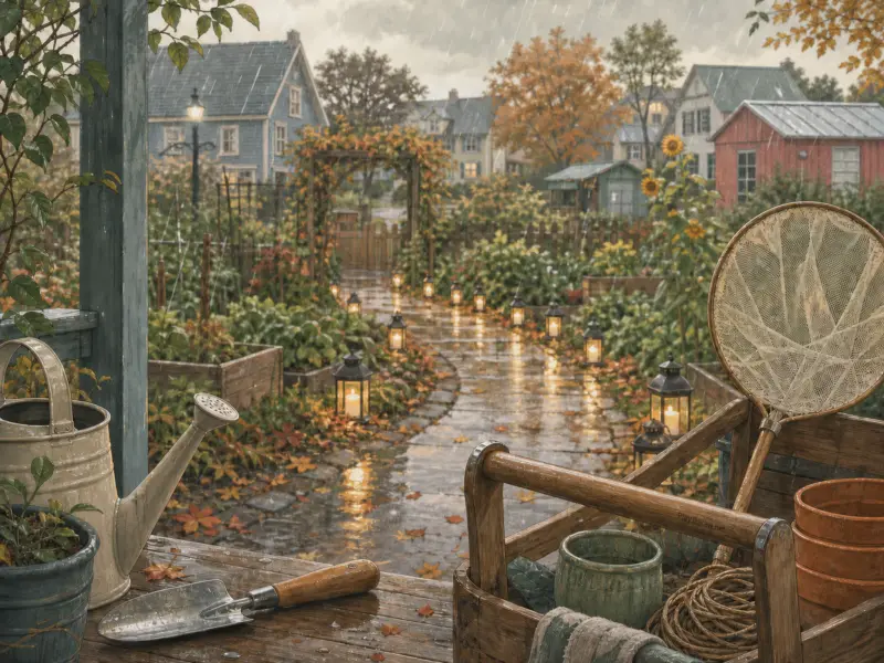 A rain-soaked garden path lined with candle lanterns, viewed past gardening tools resting on a wooden porch.