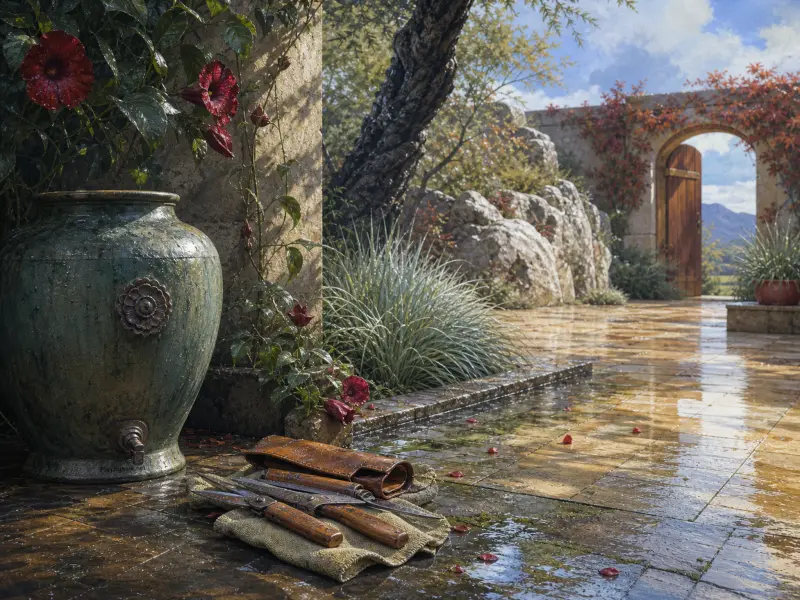 A sunlit stone garden terrace with a large green urn, gardening shears on a cloth, and an open wooden archway.